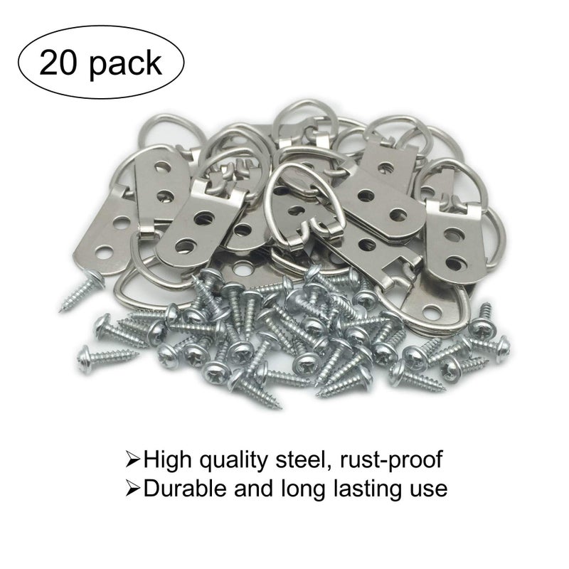 EesTeck 20 Pack D-Ring Steel Picture Hangers Heavy Duty with Screws Picture Frames Double Holes Clasp Picture Hang Solutions, for Hanging Clock Paintings Artwork Picture Frame Hook Photos Mirrors - Image 2